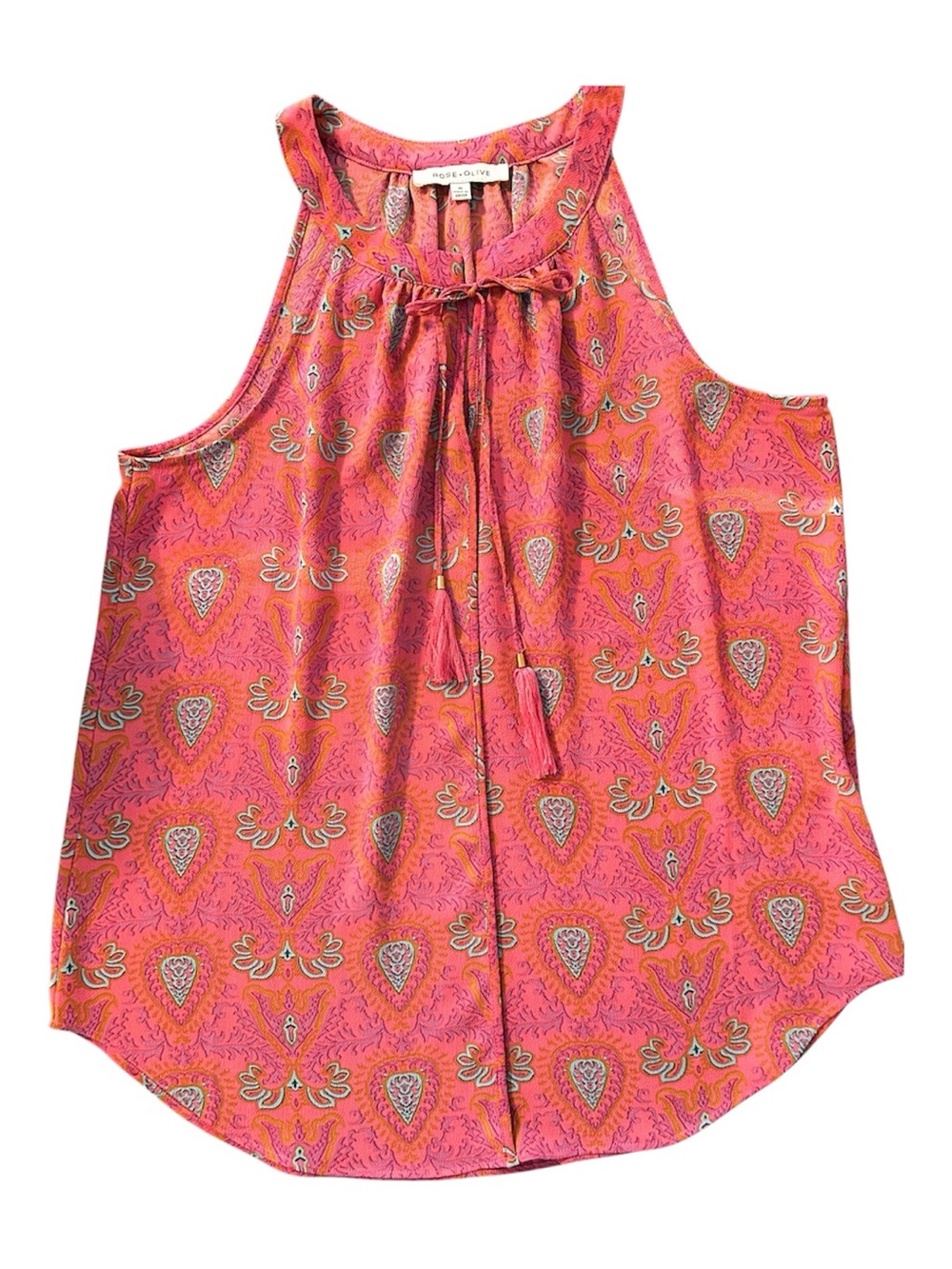 Rose & Olive Pink & Orange Paisley Tie-Neck Sleeveless Top